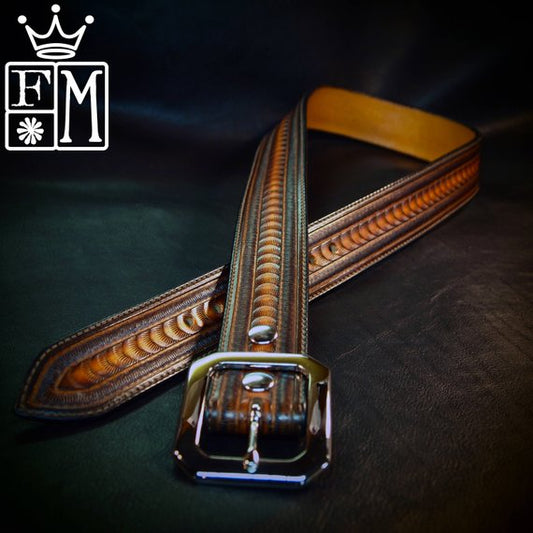 Hand tooled sunburst belt. Unique FM design