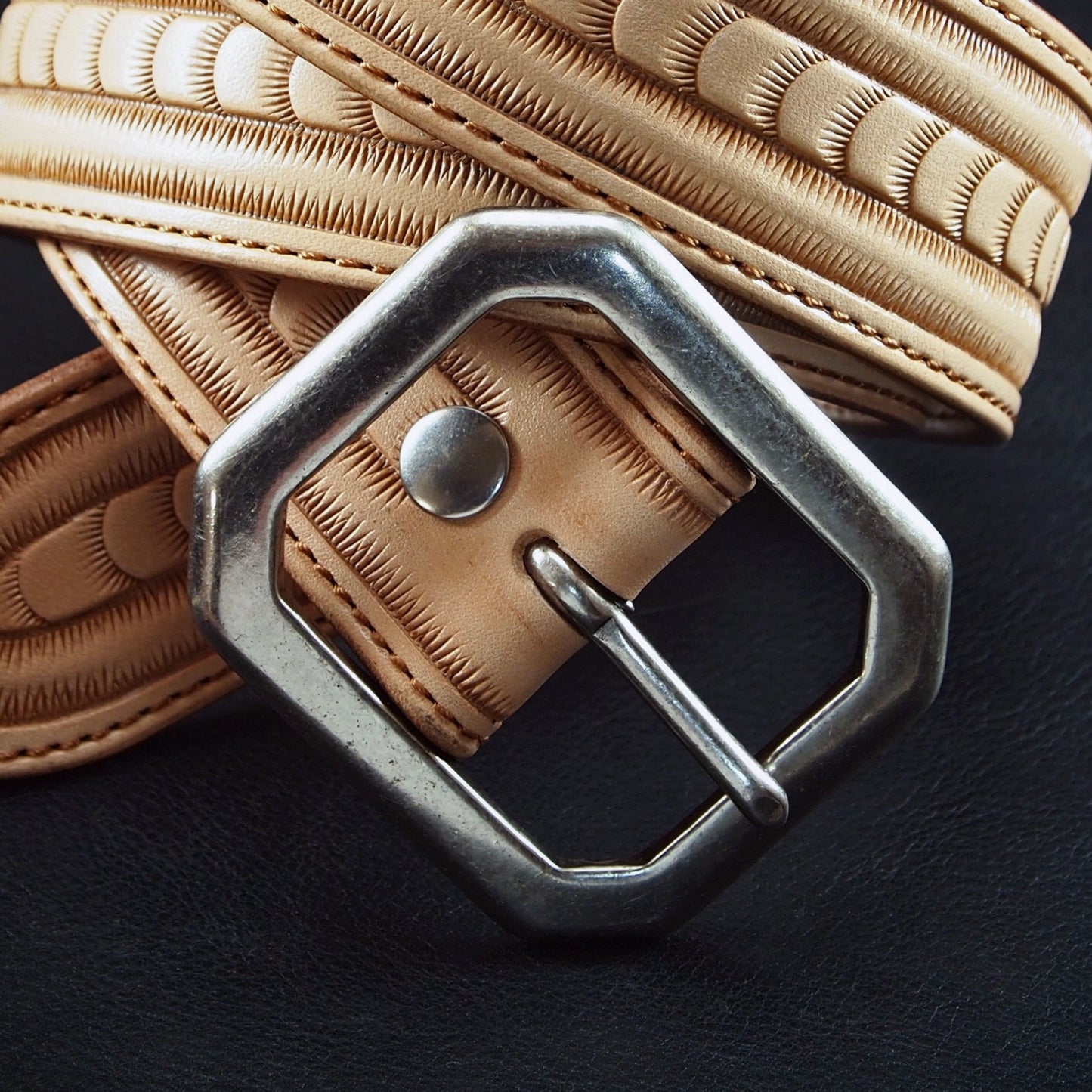 Hand tooled natural belt. Unique FM design