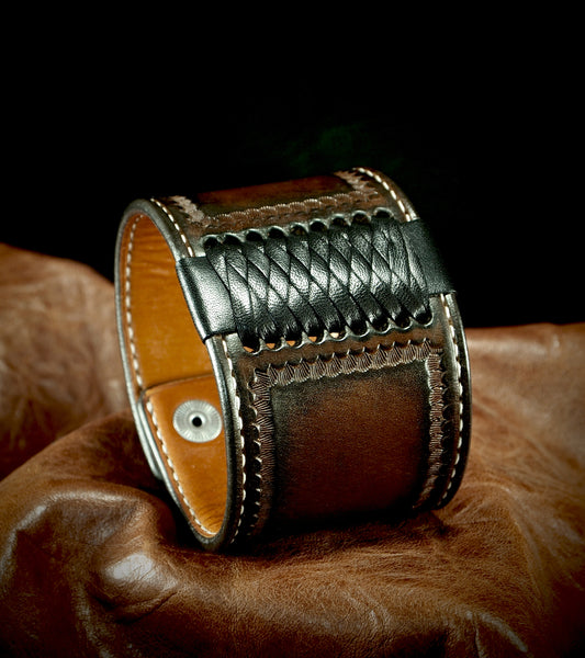 Brown Leather cuff Bracelet : Braided Saddle wristband Handstitched. Handcrafted in New York!
