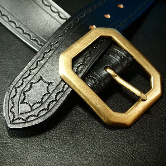 Hand tooled black belt. Unique FM design