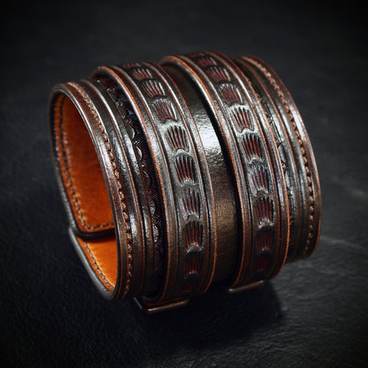 2.5" brown double strap tooled and stamped cuff handstiched and lined luxury!