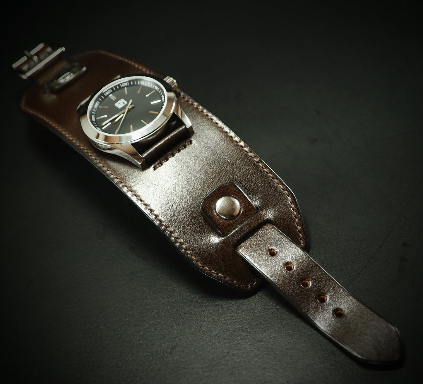 Leather cuff watch Chocolate FM face