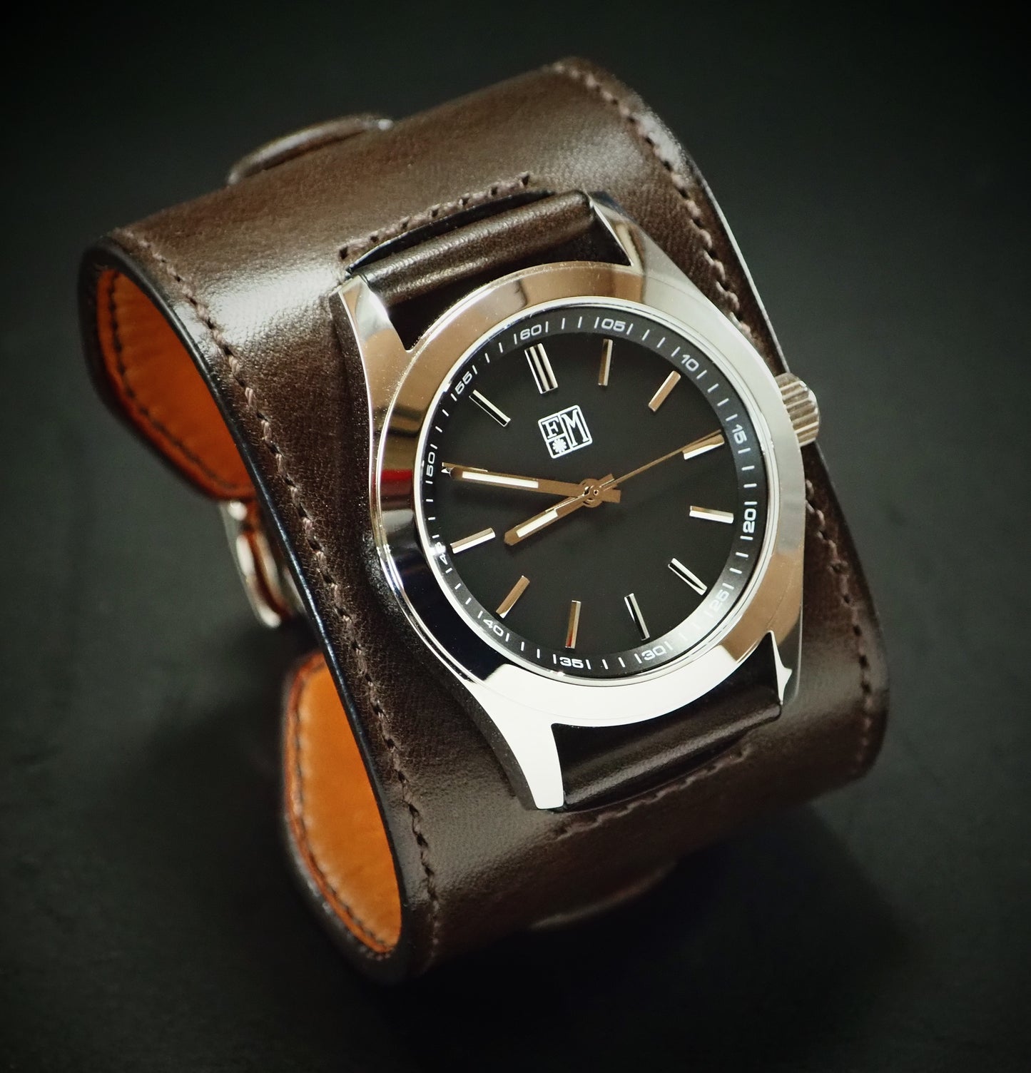Leather cuff watch Chocolate FM face