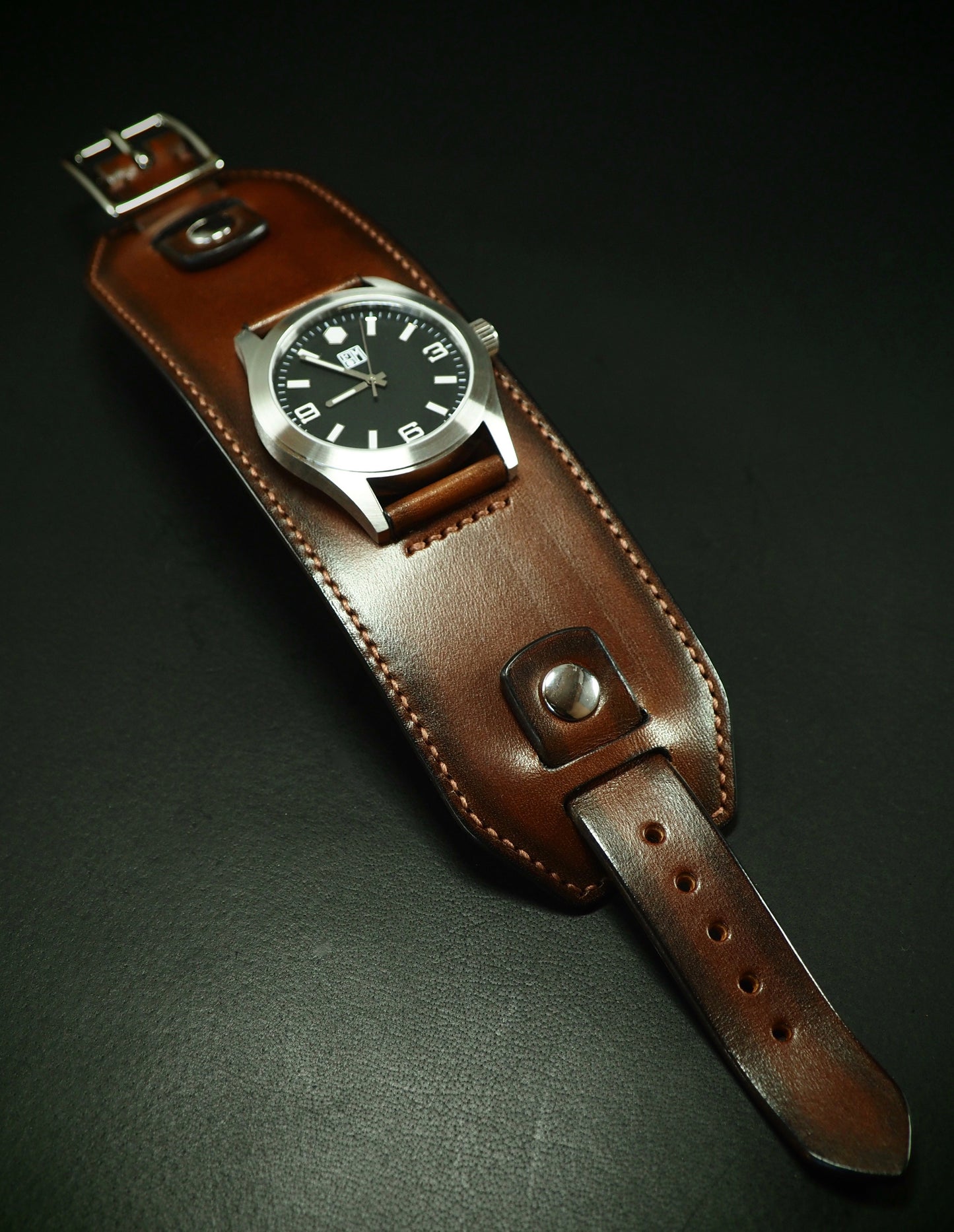 Leather cuff watch Tobacco burst FM face