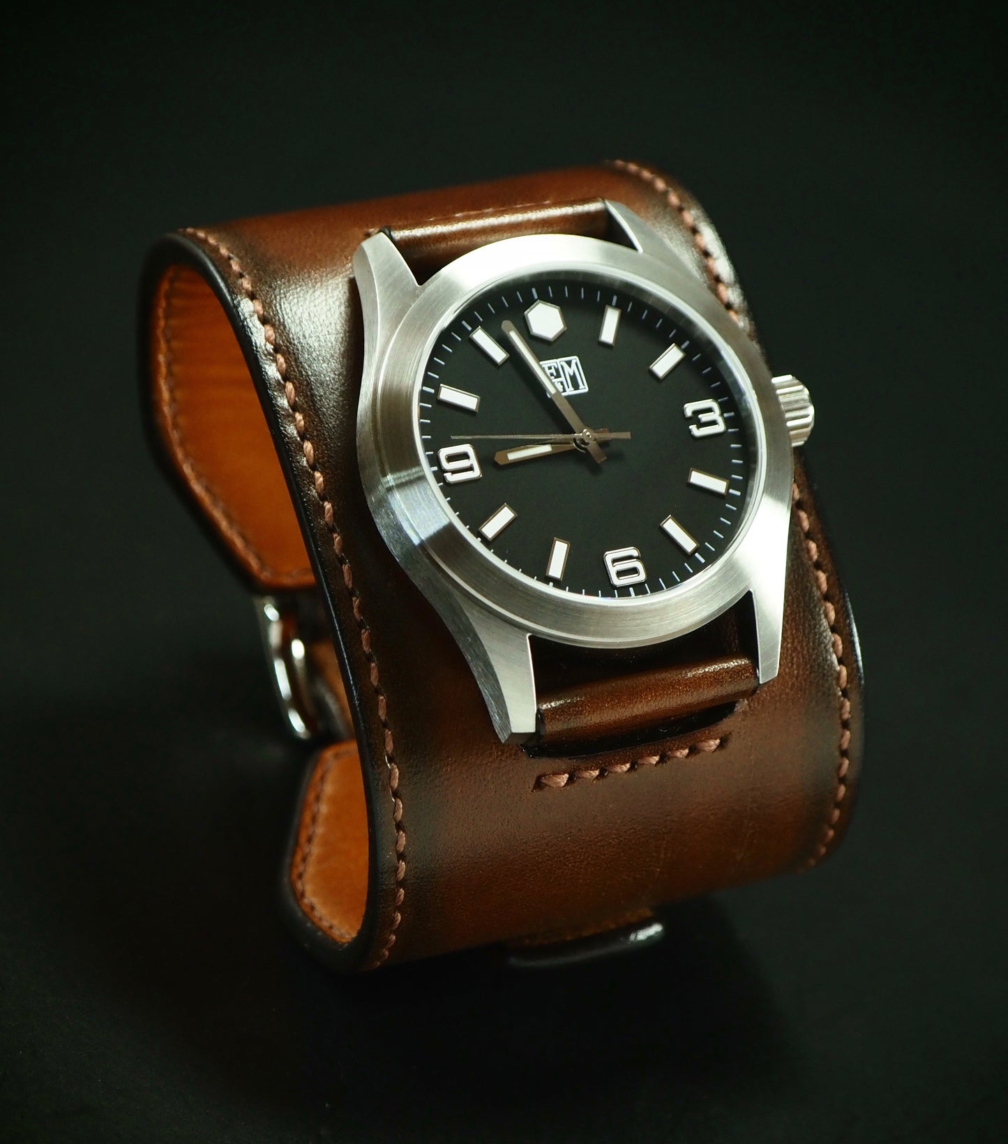 Leather cuff watch Tobacco burst FM face