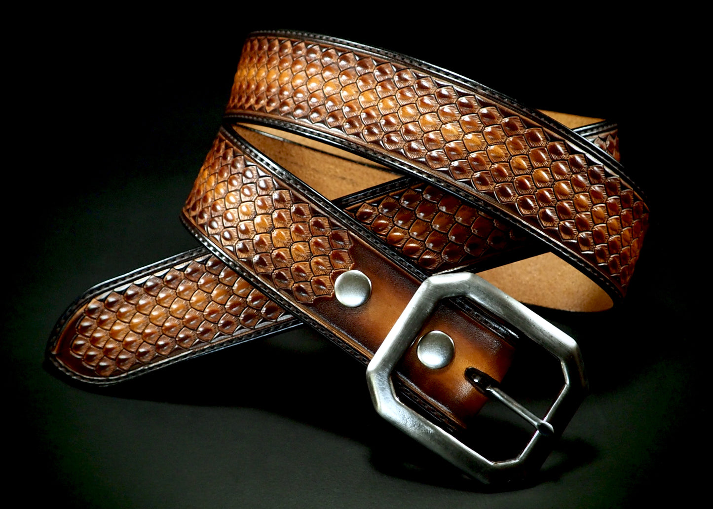 Hand tooled Dragon/Snake scale belt. Sunburst finish