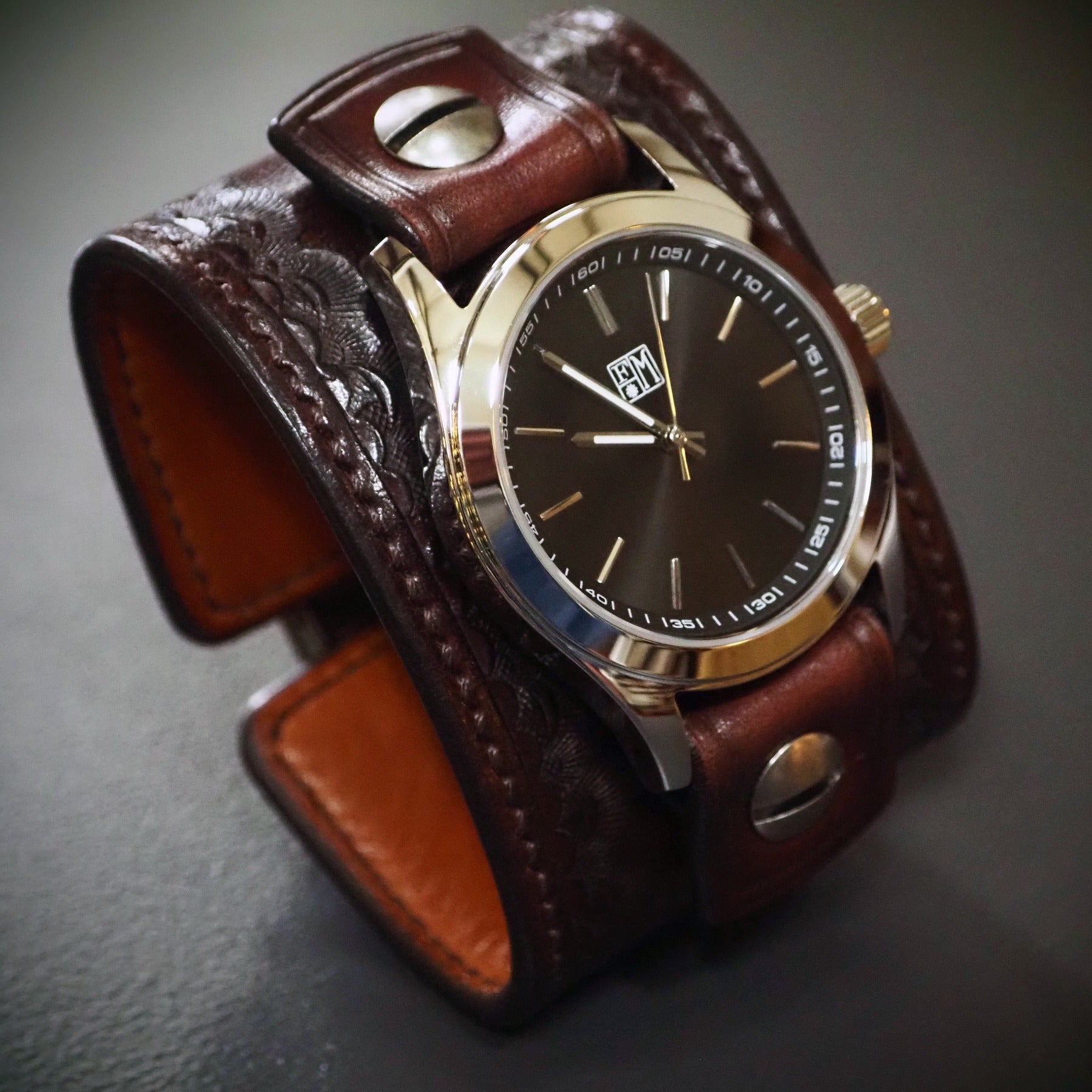 Mahogany stamped Leather cuff watch Rich tones leather watchband