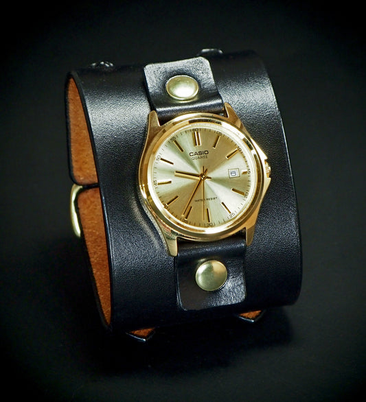 Black Leather cuff watch : Brass Retro Vintage style