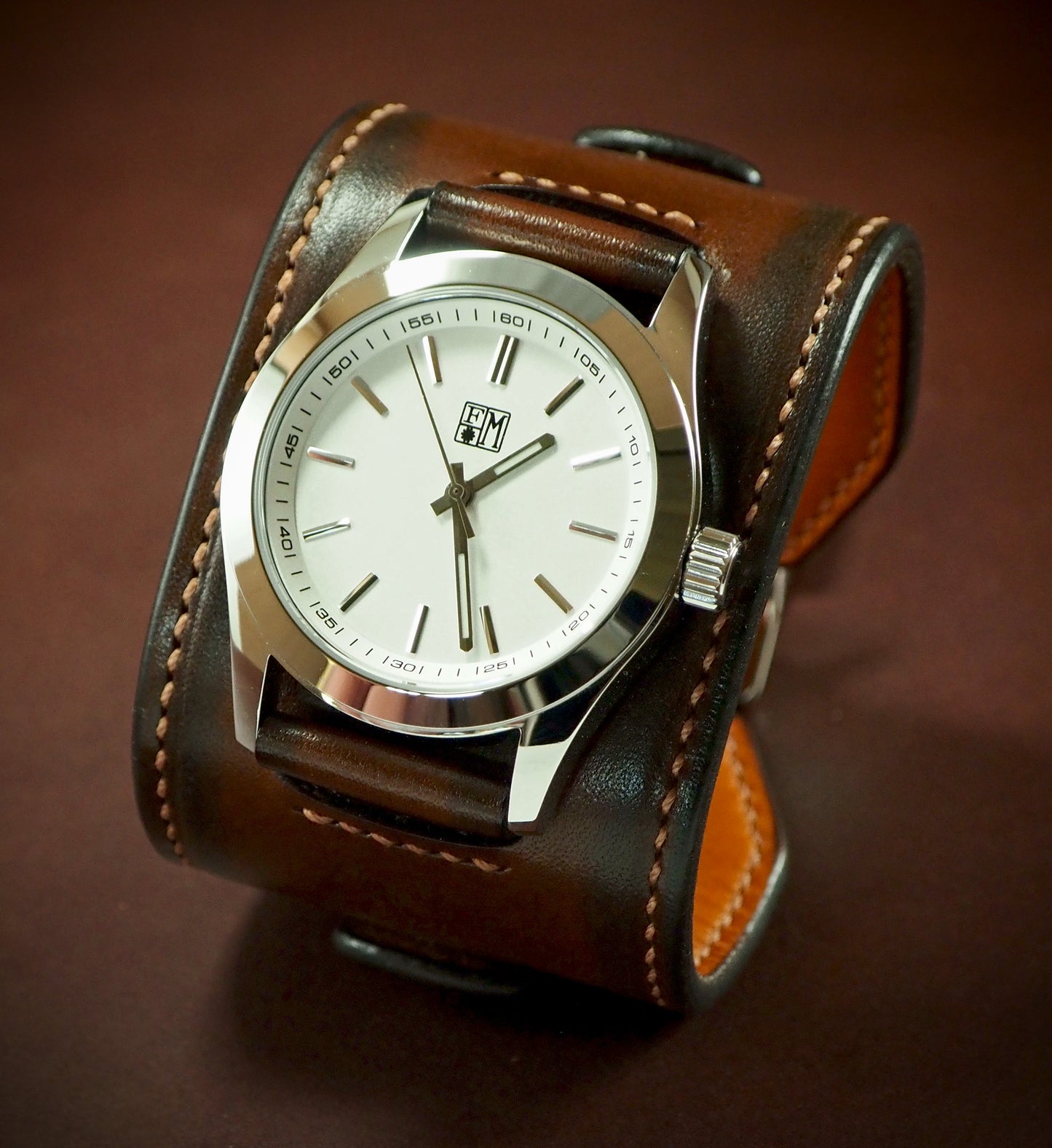 Leather cuff watch Tobacco burst FM bright face