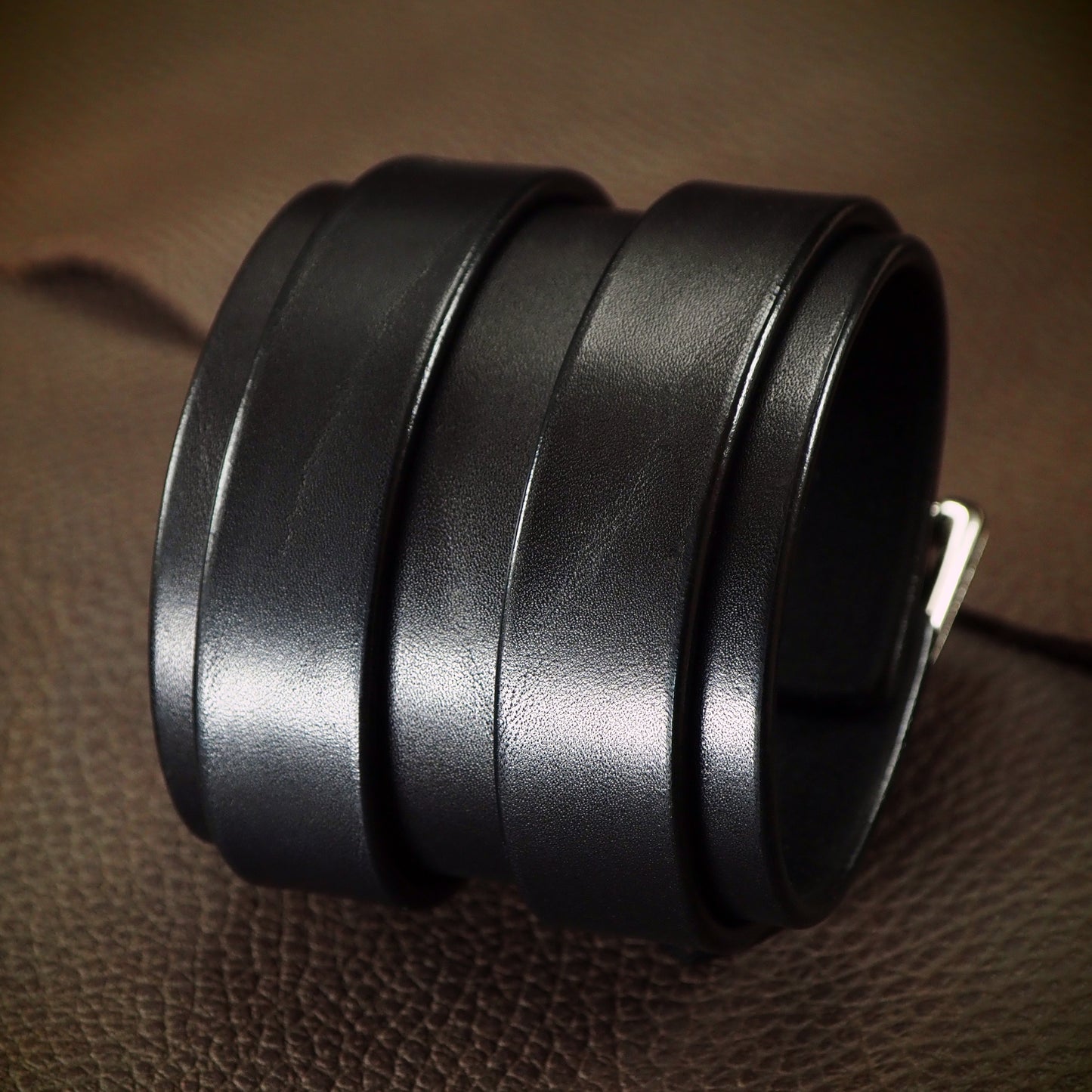 2.5" black double strap Leather cuff polished nickel