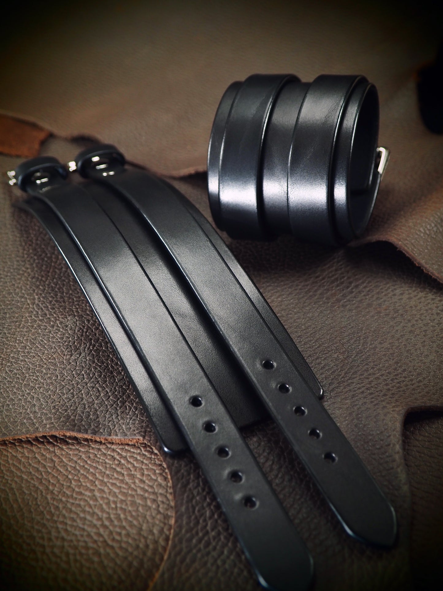 2.5" black double strap Leather cuff polished nickel