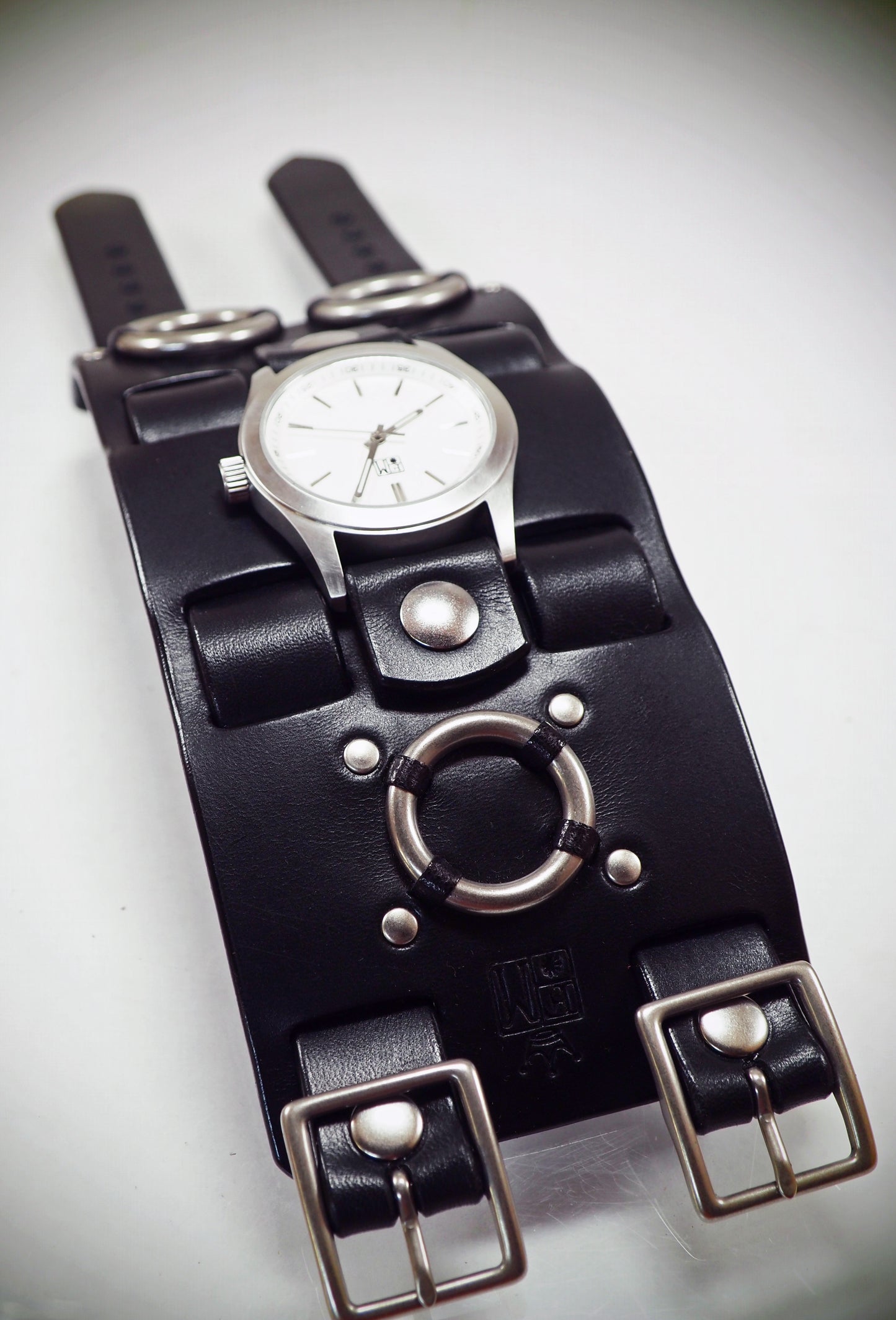 Black Leather cuff watch: Matte face, Elvis Metal style! Wide, Slick vintage design!