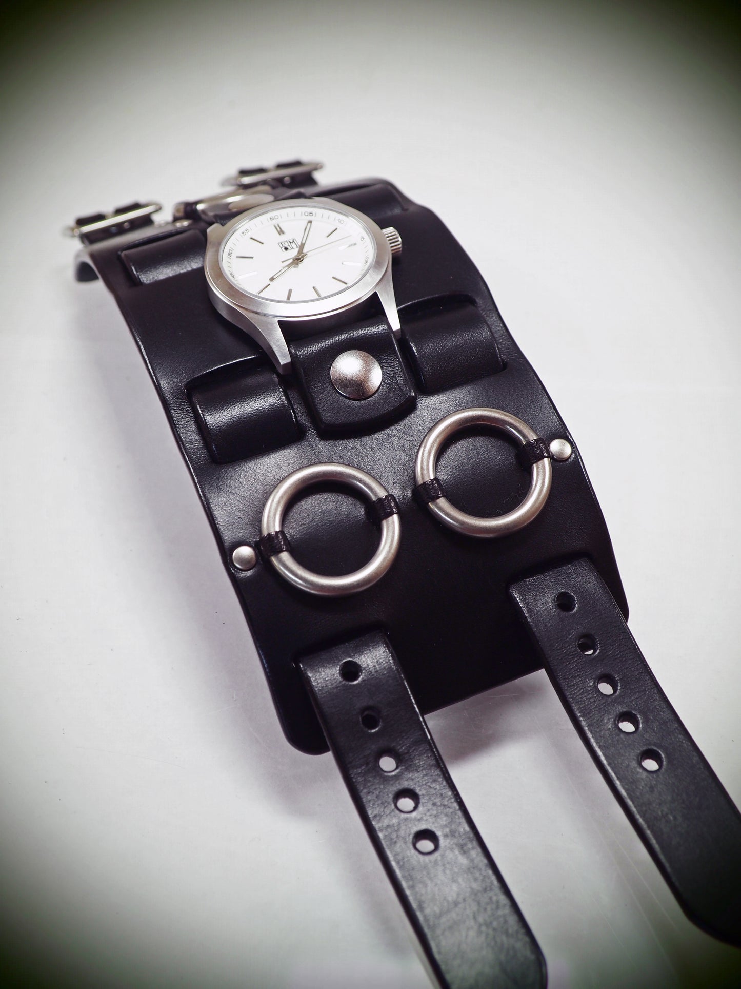 Black Leather cuff watch: Matte face, Elvis Metal style! Wide, Slick vintage design!