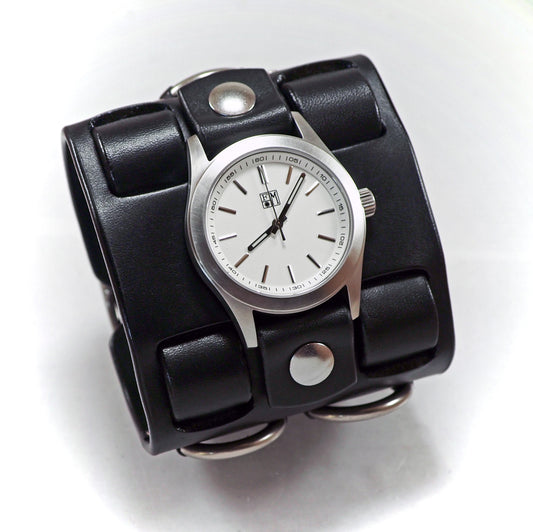 Black Leather cuff watch: Matte face, Elvis Metal style! Wide, Slick vintage design!