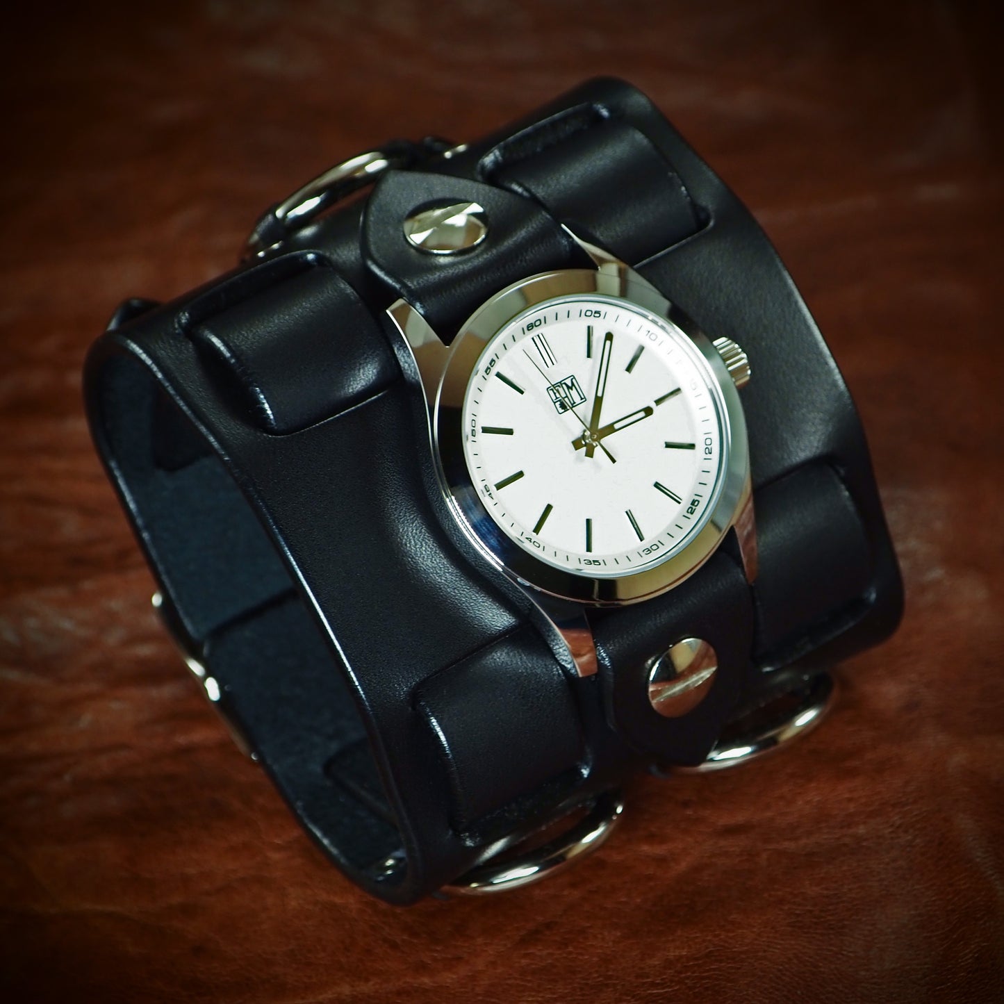 Black Leather cuff watch: Bright face, Elvis Metal style! Wide, Slick vintage design!