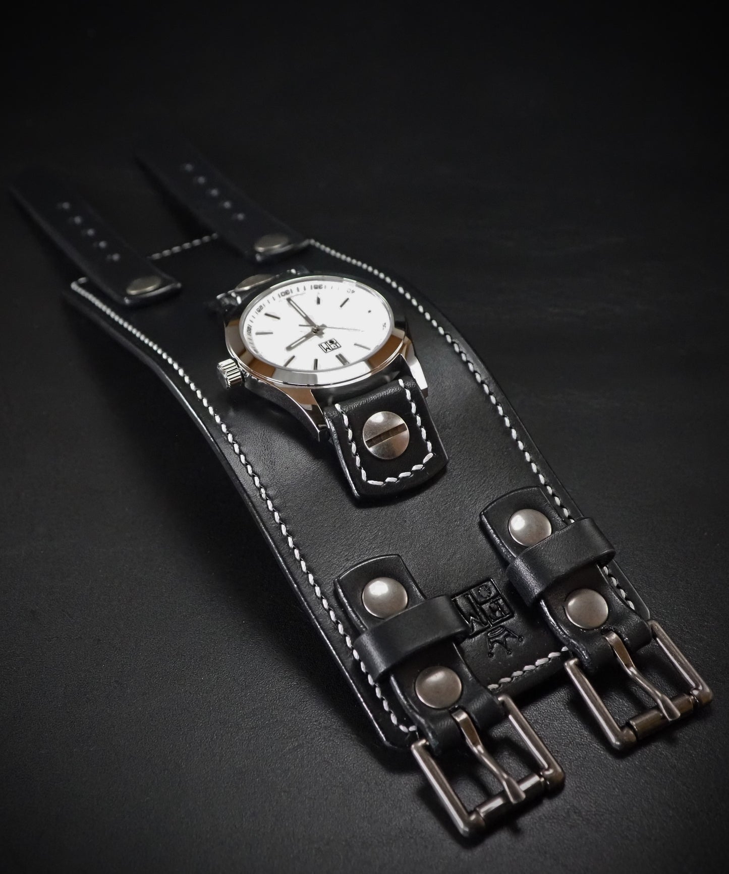 Black Leather cuff watch: Bright face, Old school style ! Wide, Slick vintage design!