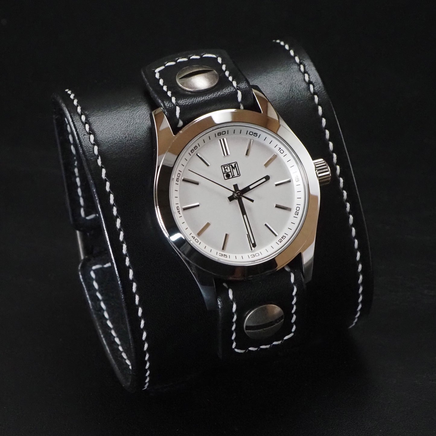 Black Leather cuff watch: Bright face, Old school style ! Wide, Slick vintage design!