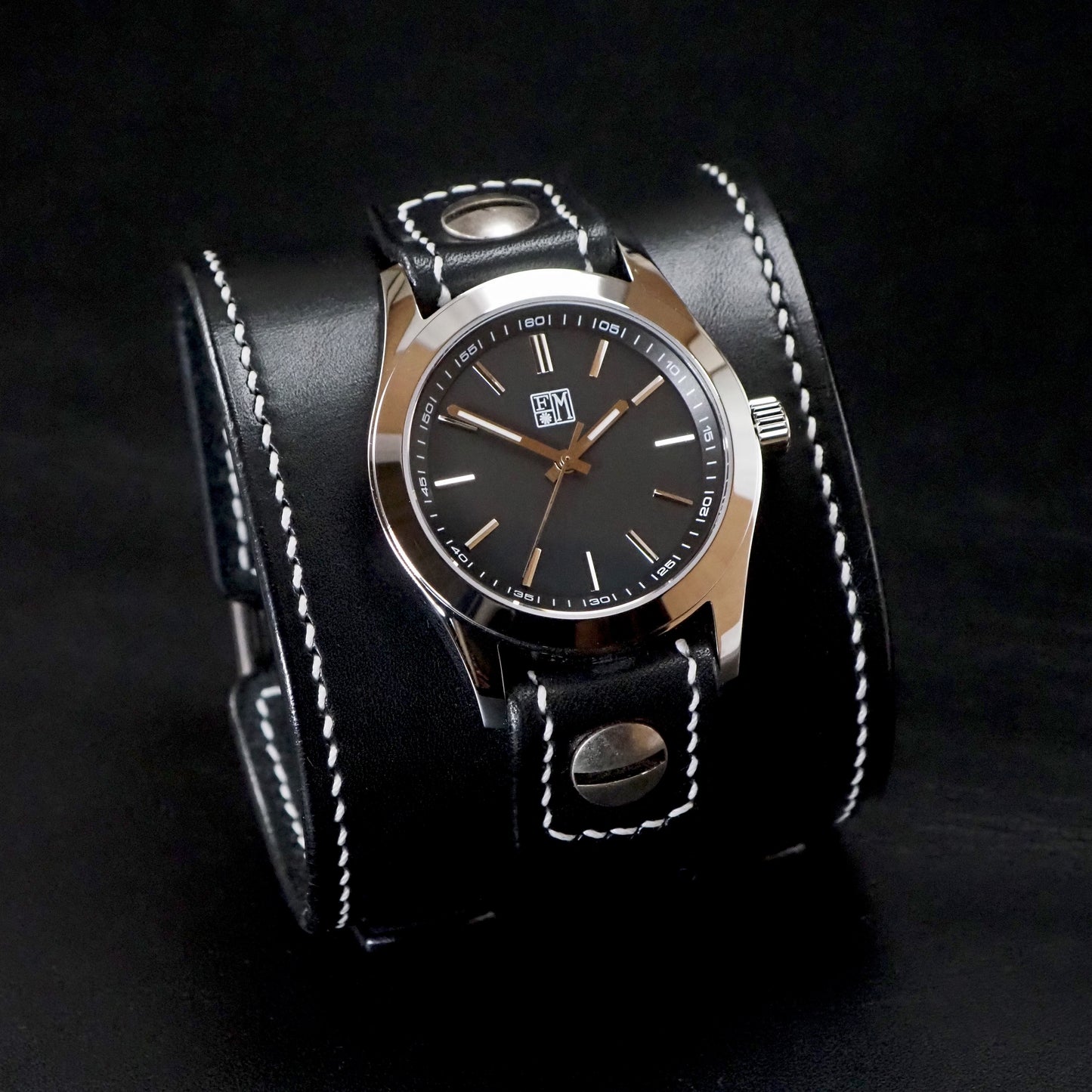 Black Leather cuff watch: Black face, Old school style ! Wide, Slick vintage design!