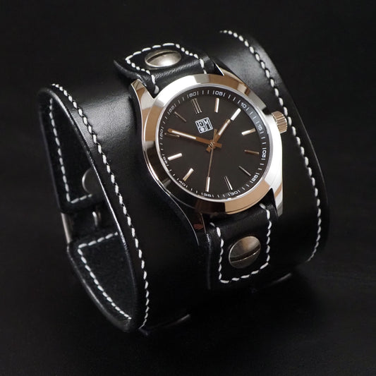 Black Leather cuff watch: Black face, Old school style ! Wide, Slick vintage design!