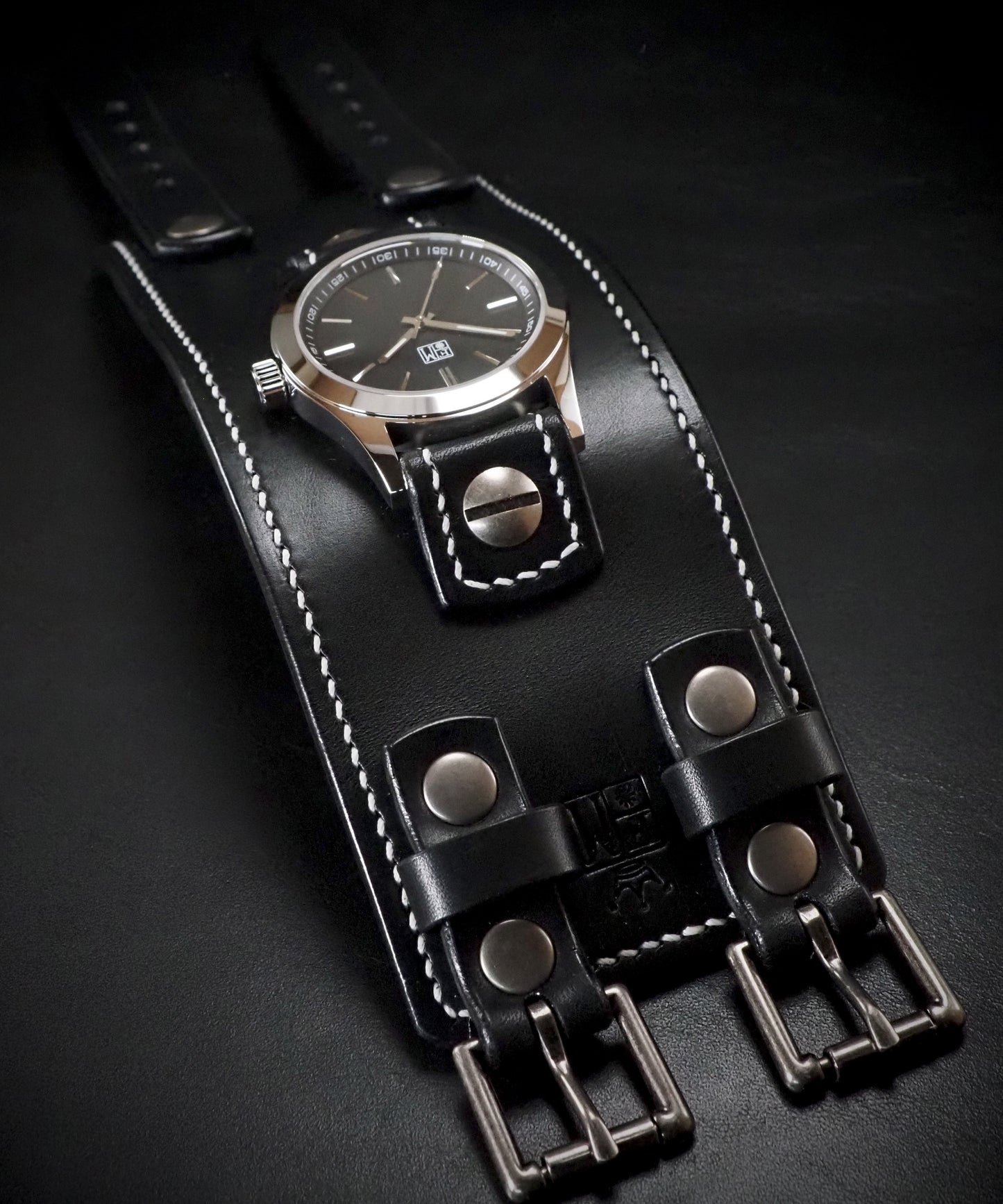 Black Leather cuff watch: Black face, Old school style ! Wide, Slick vintage design!