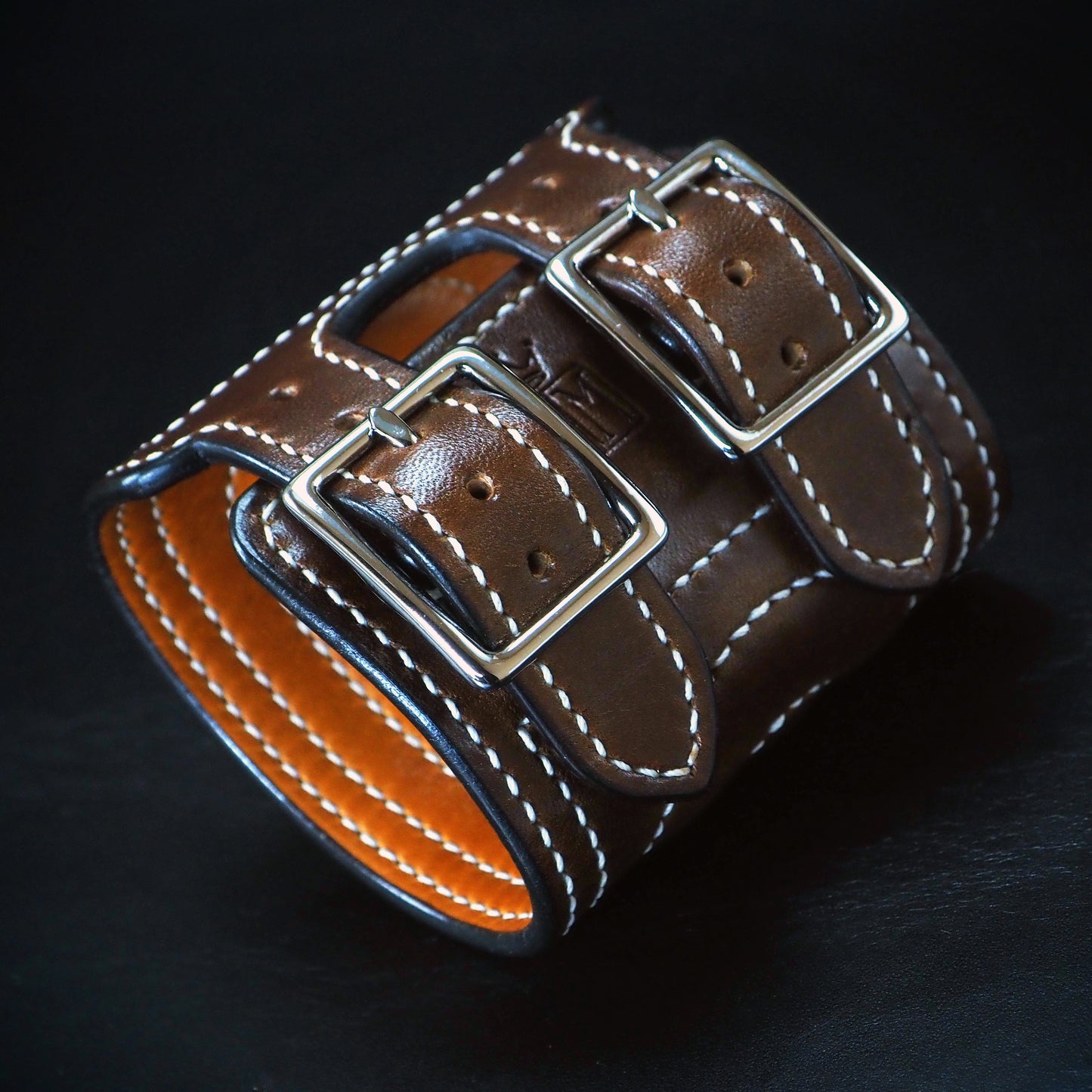 68 special Brown quilted handstitched double buckle Leather cuff