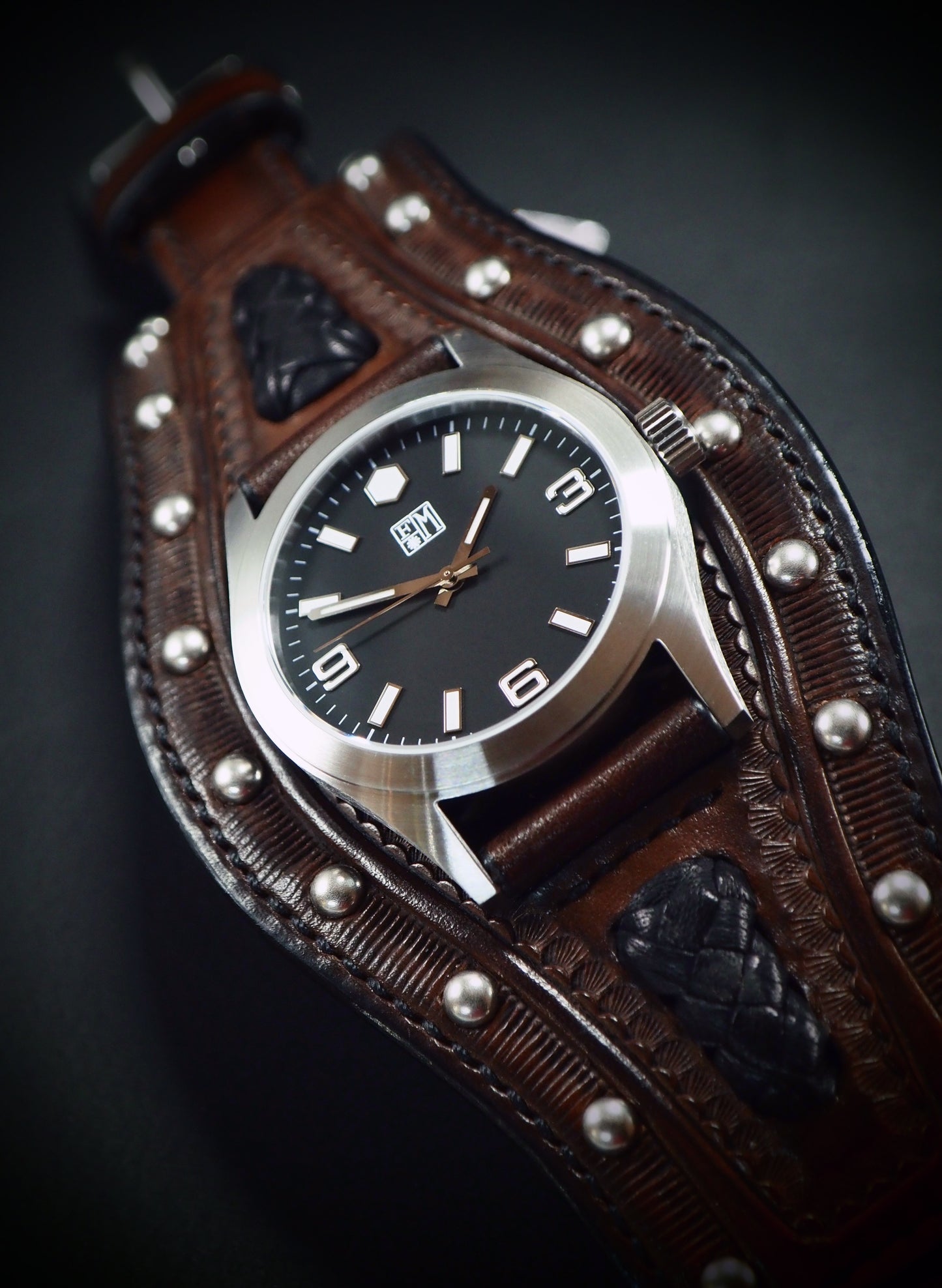 Rockstar hand stamped Leather cuff watch : Rich walnut leather watchband. Hand Made In New York