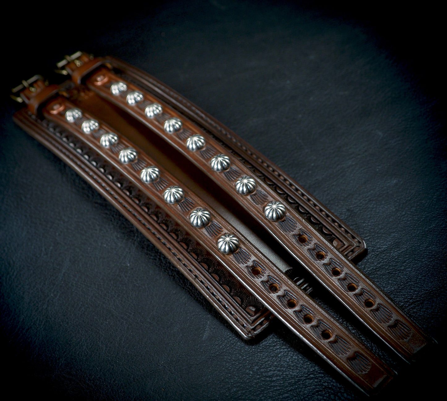 2.75" brown double strap tooled and stamped studded cuff