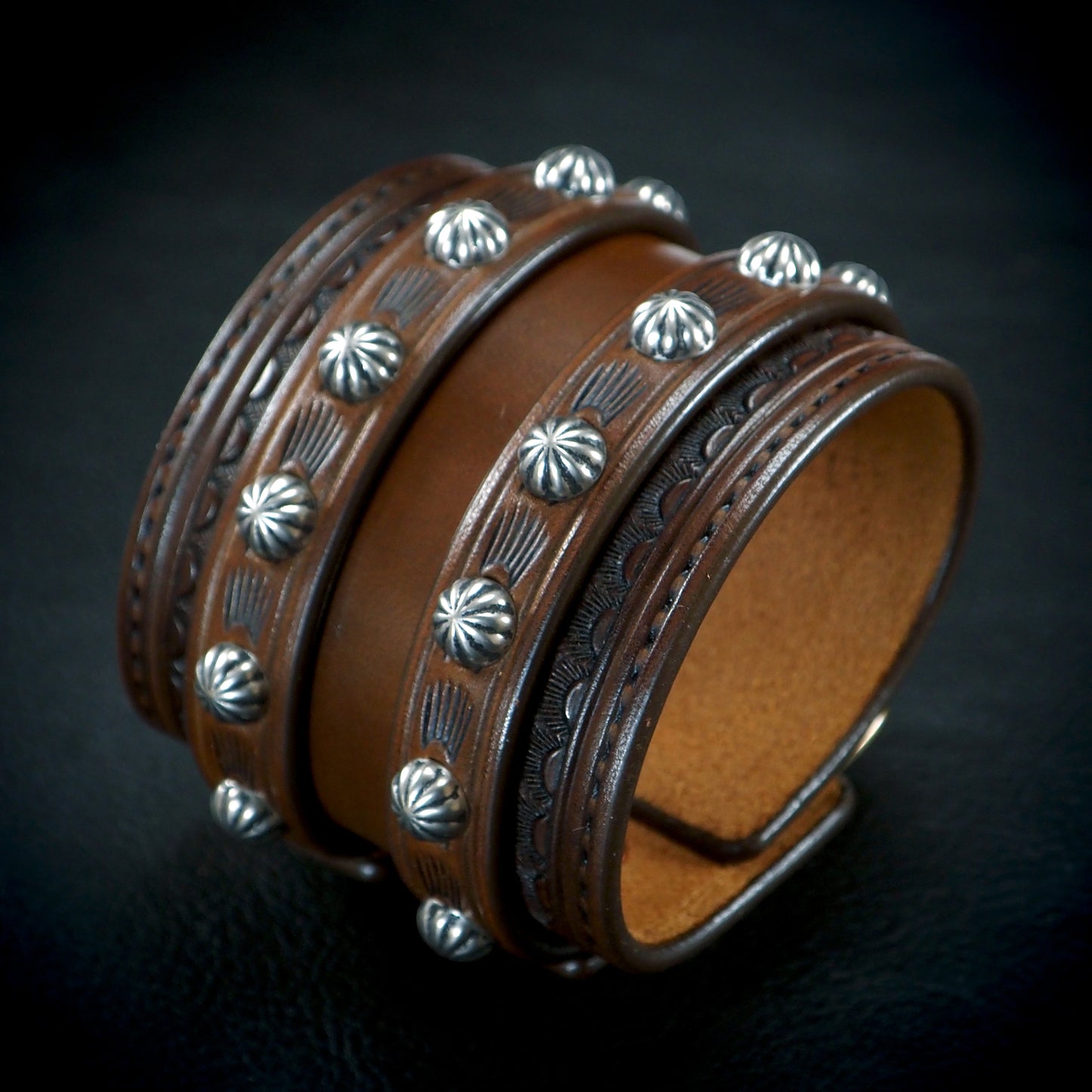 2.75" brown double strap tooled and stamped studded cuff