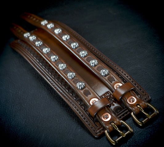 2.75" brown double strap tooled and stamped studded cuff