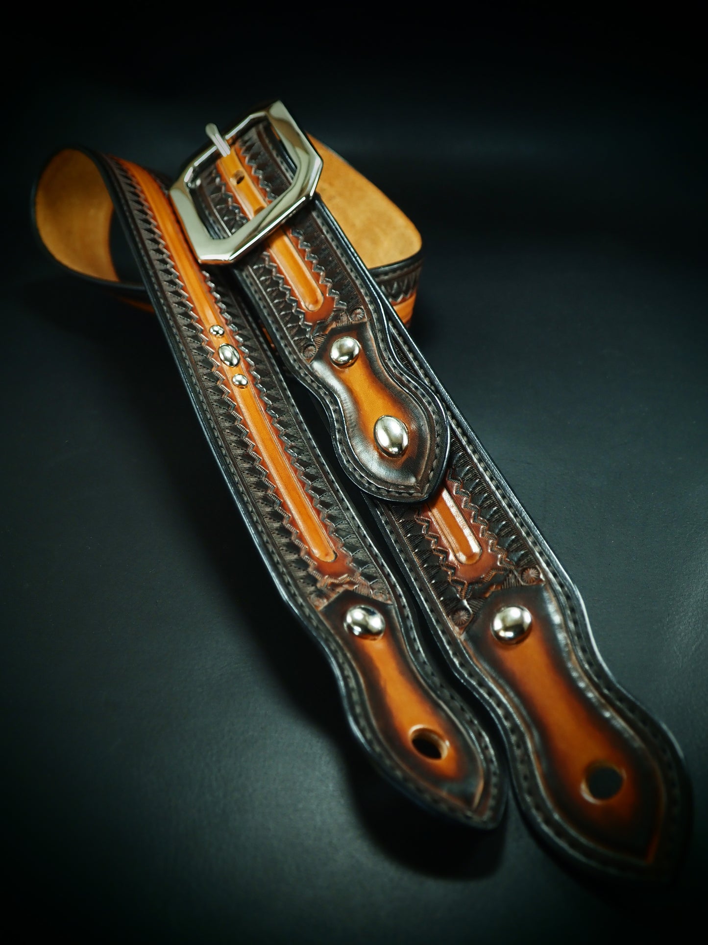 1-3/4" wide sunburst Veg-tan leather Vintage style guitar strap!