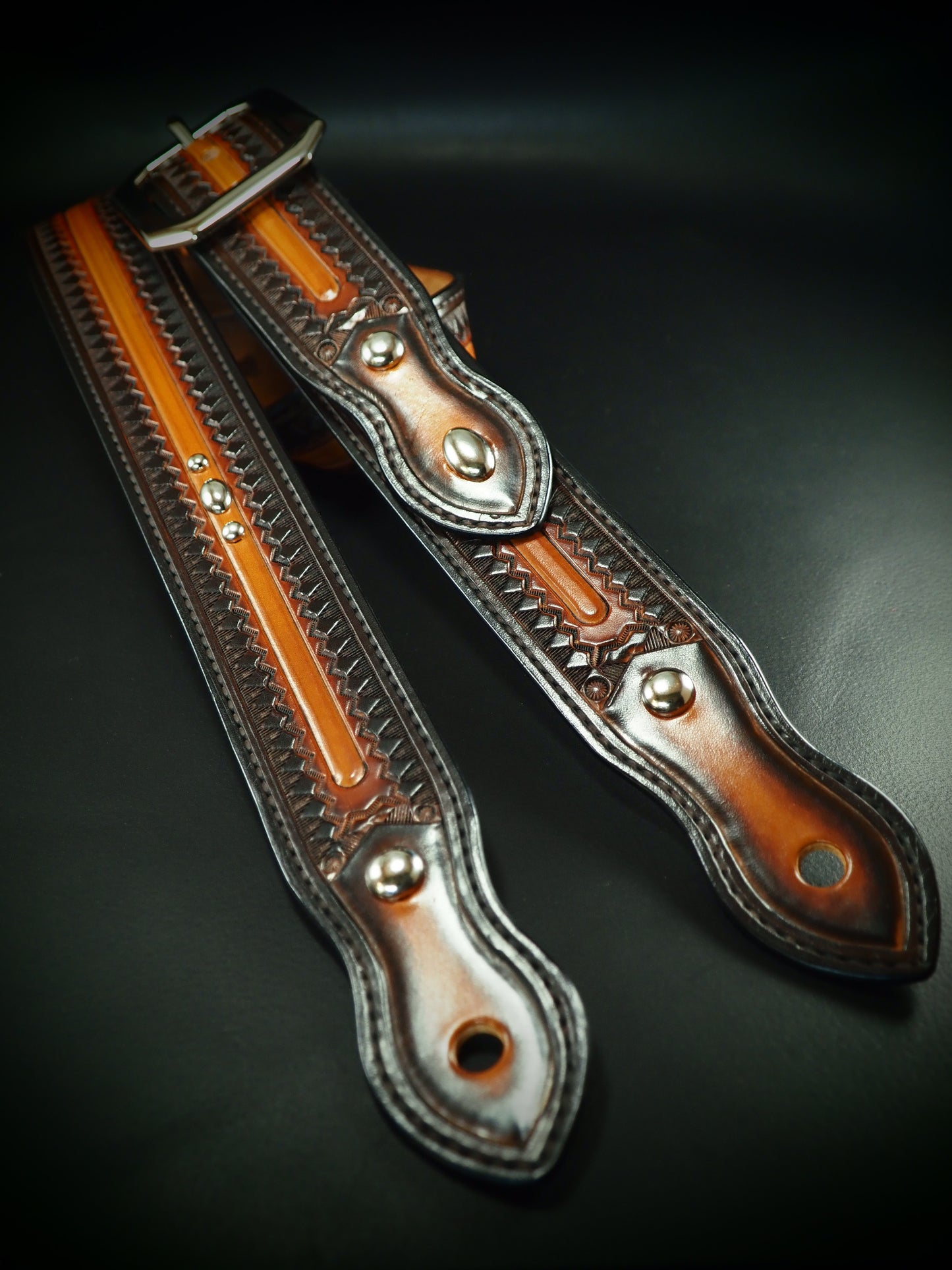 1-3/4" wide sunburst Veg-tan leather Vintage style guitar strap!