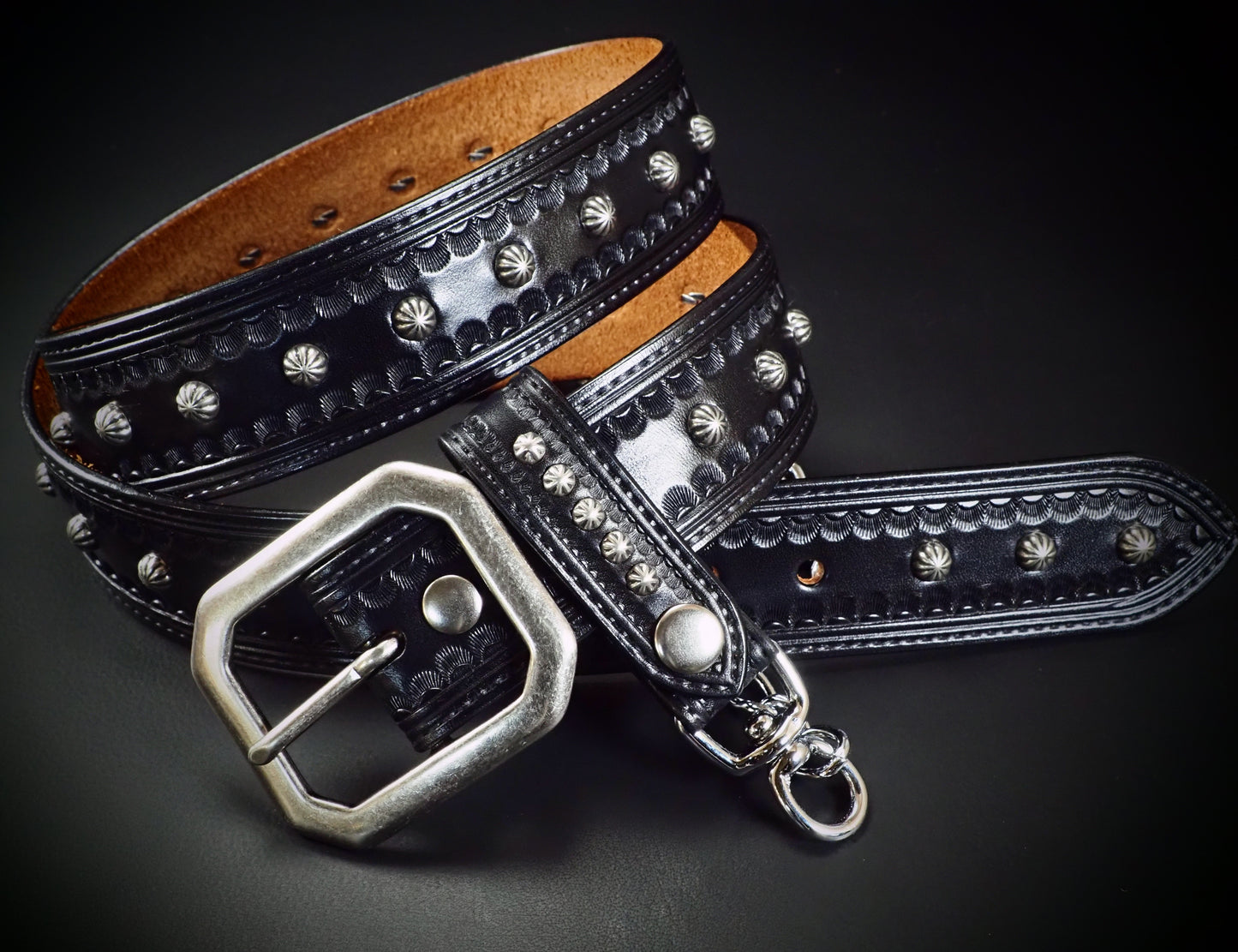 Hand studded black tooled belt with wallet chain. Unique FM design