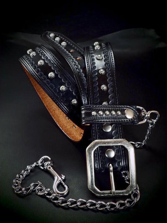 Hand studded black tooled belt with wallet chain. Unique FM design