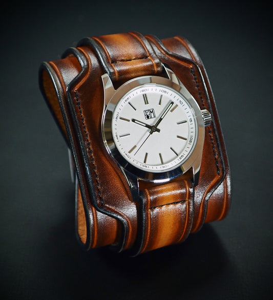 Sunburst Leather cuff watch White face : Rich tones layered leather watchband.