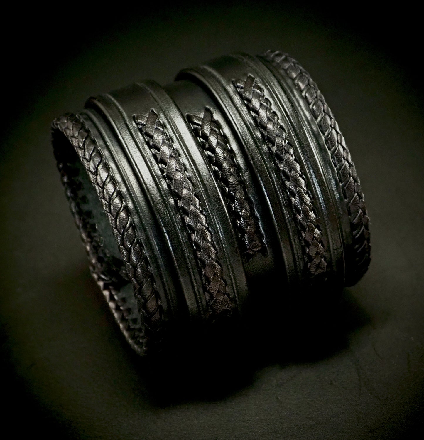2.5" black braided double strap Kangaroo Laced edge Leather cuff