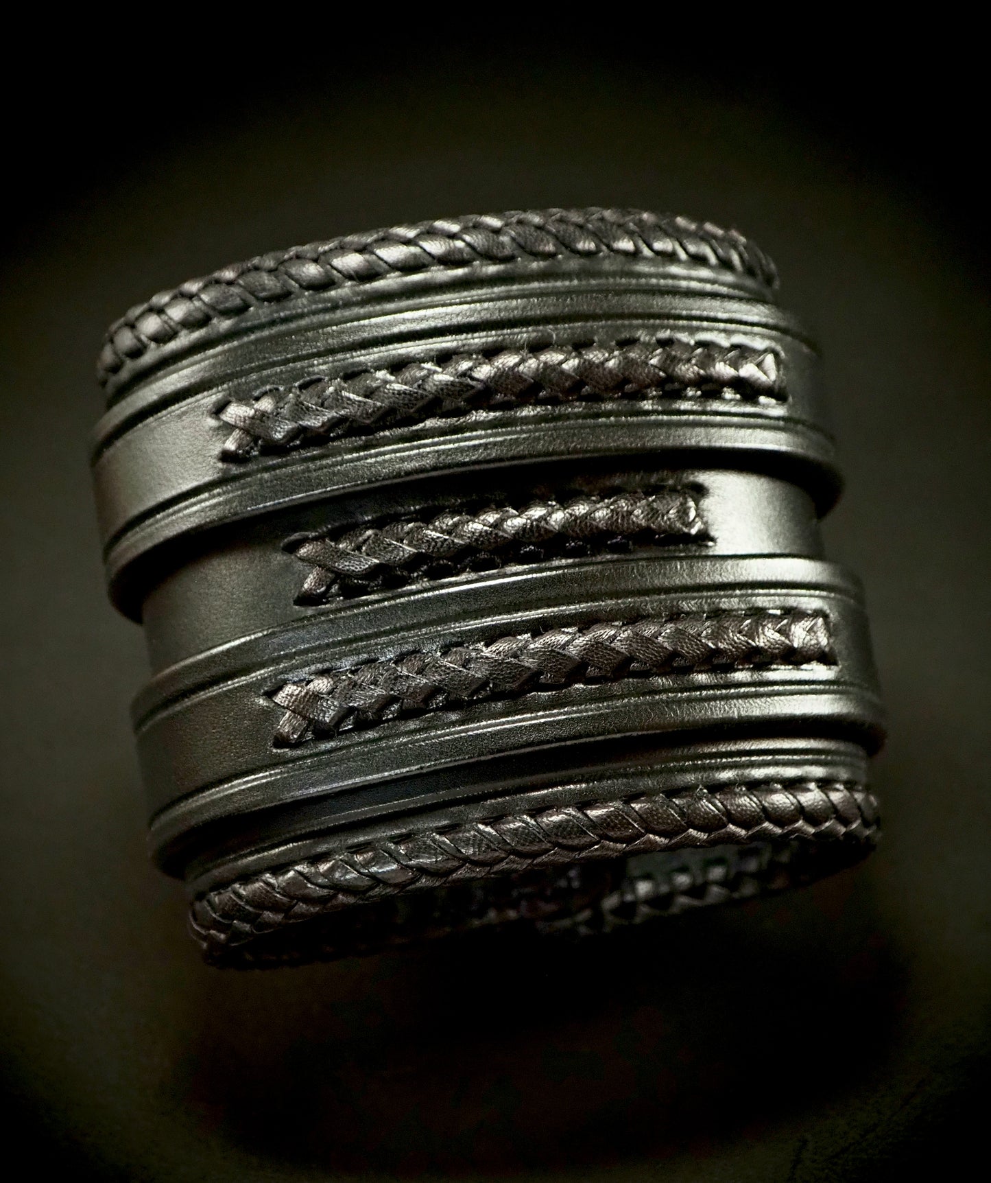 2.5" black braided double strap Kangaroo Laced edge Leather cuff