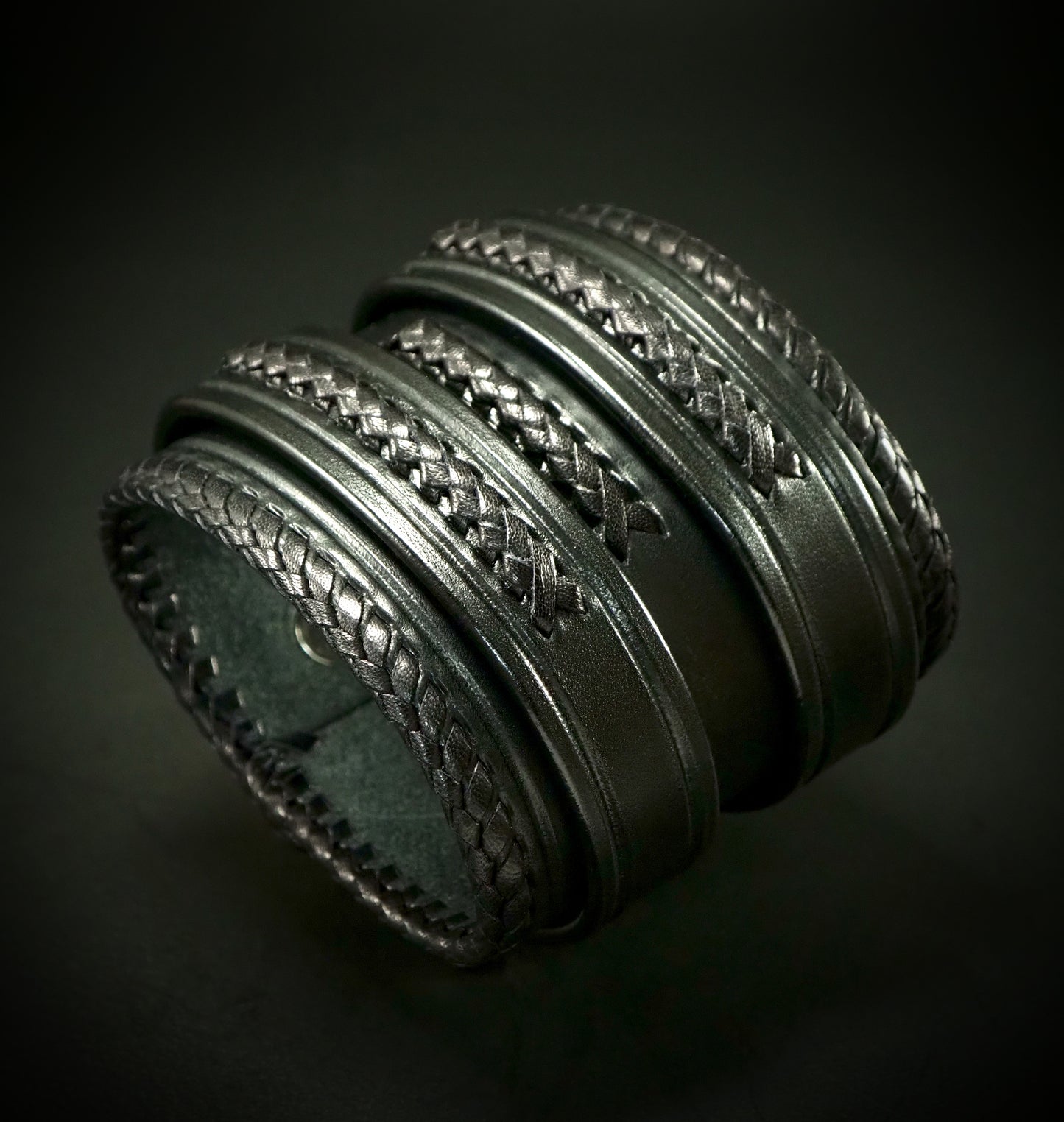 2.5" black braided double strap Kangaroo Laced edge Leather cuff