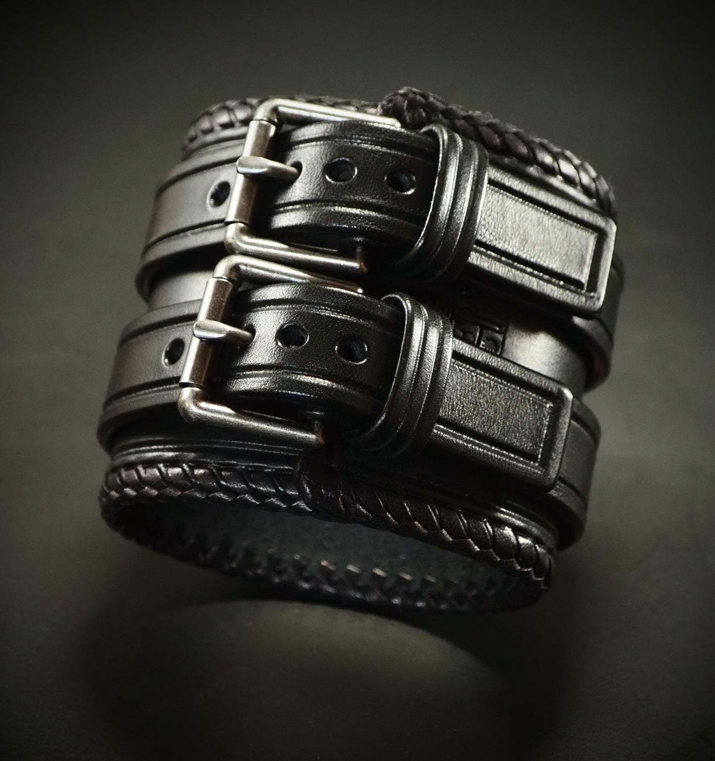 2.5" black braided double strap Kangaroo Laced edge Leather cuff