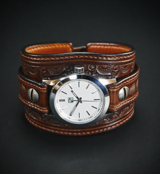 Western hand stamped Leather cuff watch bright face : Rich tones leather watchband. Hand Made In New York