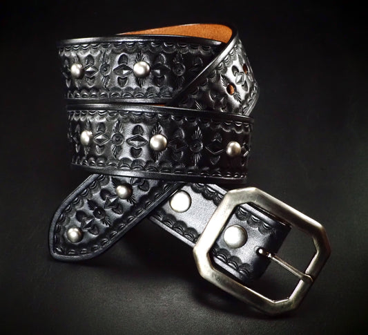 Hand studded Hand tooled and stamped belt 1.5"