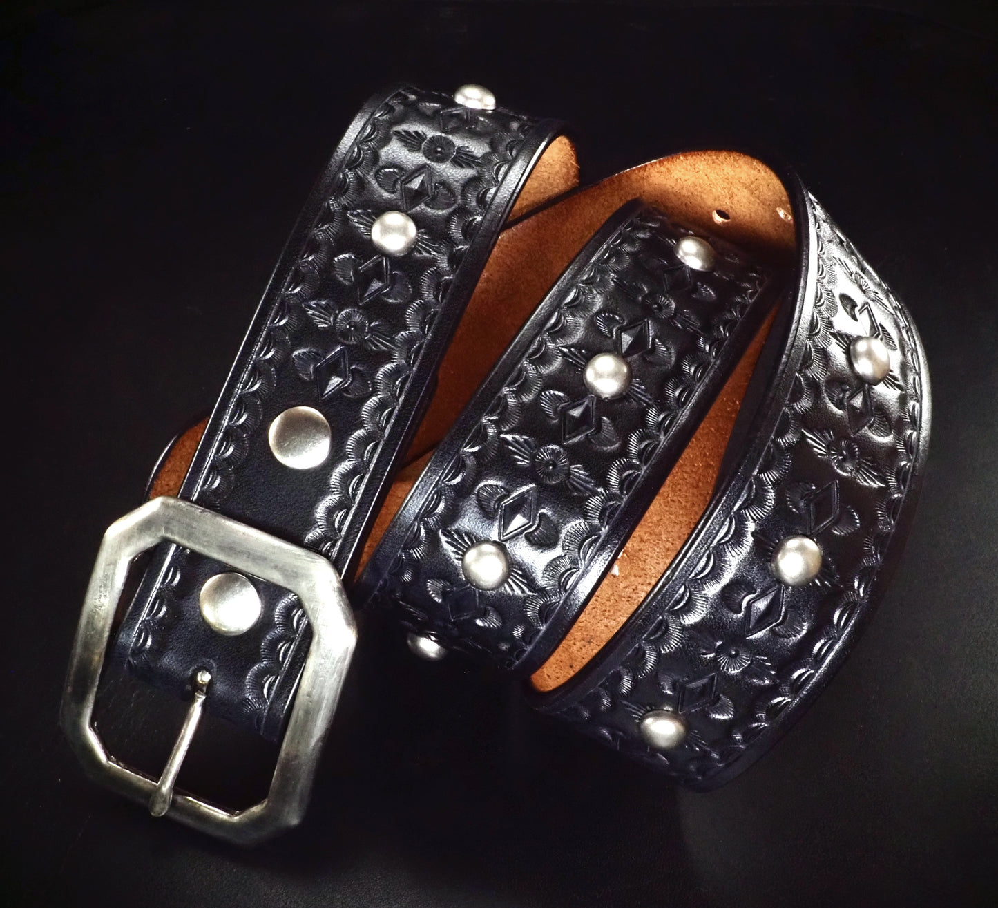 Hand studded Hand tooled and stamped belt 1.5"